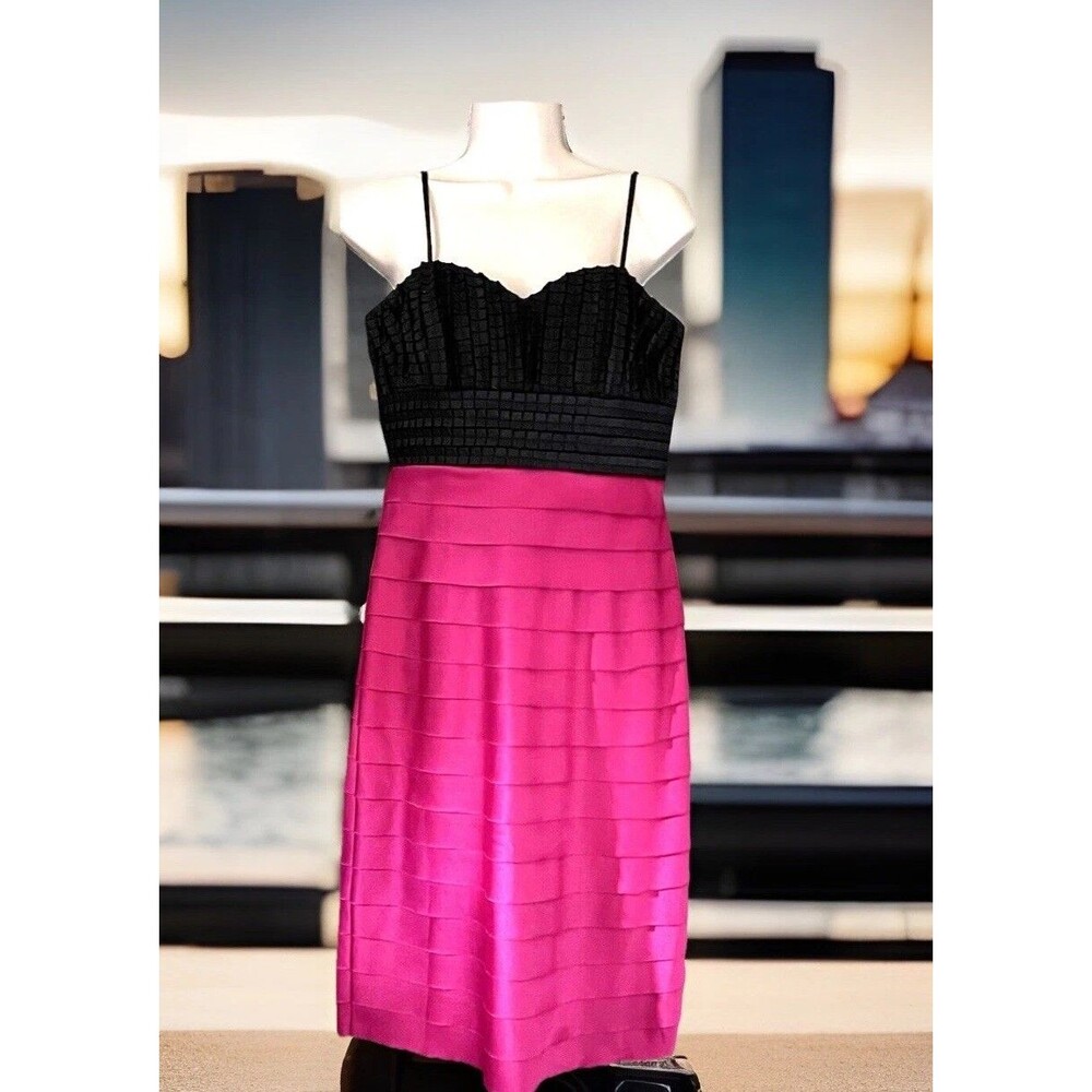 JS Collections Black Fuchsia Color Block Ruffle Spaghetti Strap Party Dress Sz 6